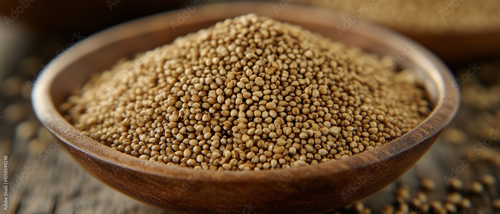 Aromatic Coriander Seeds in a Wooden Bowl on Rustic Background. Aromatic Coriander Seeds in a Wooden Bowl on Rustic Background.