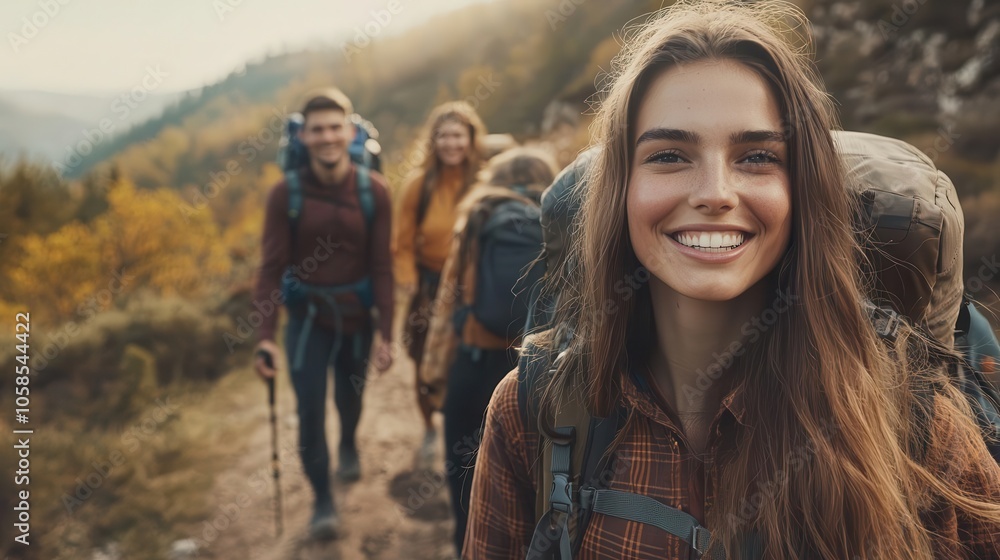 Fototapeta premium Friends hiking up a scenic mountain trail, backpacks and smiles, adventure spirit