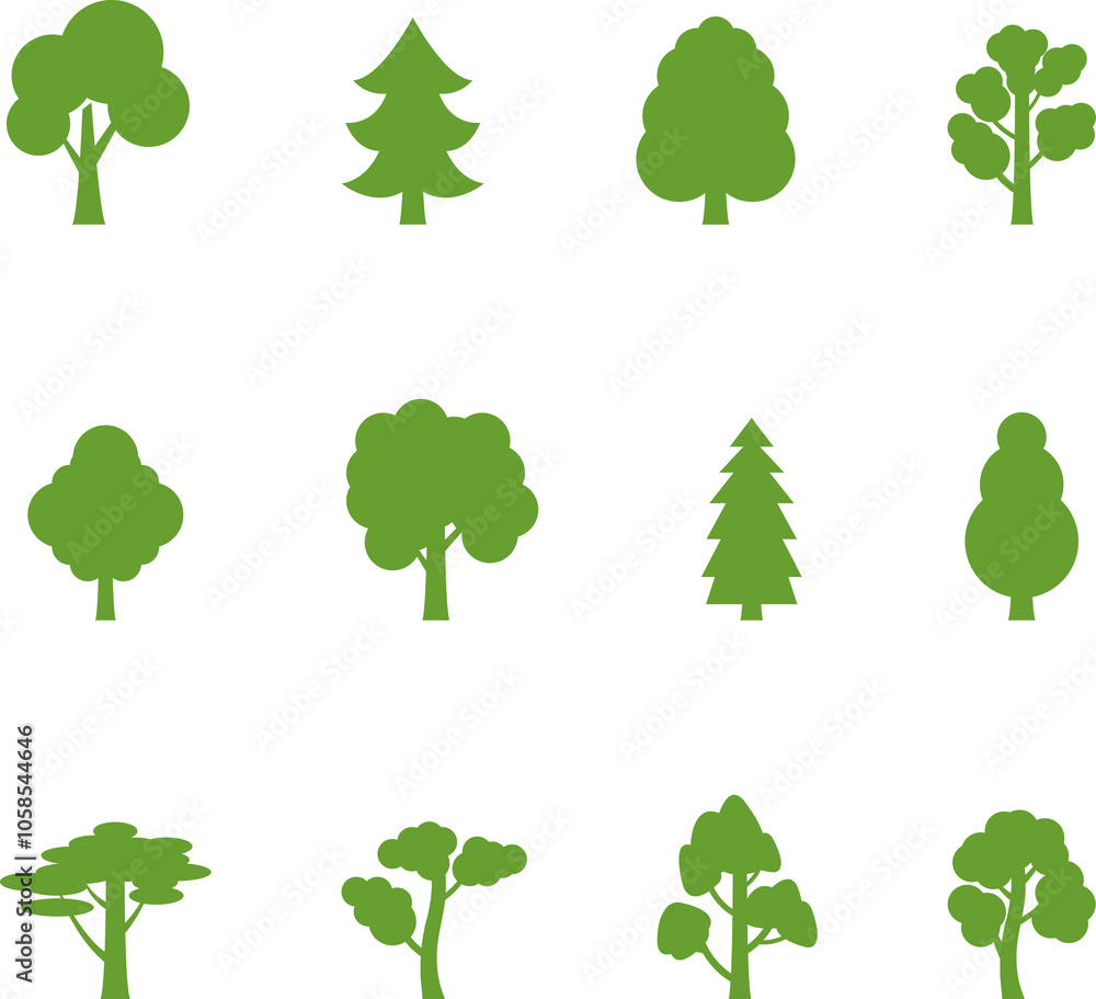 Fototapeta premium Autumn Trees with Fall Leafs. Tree icon, simple silhouettes. Forest. Flat trees set, pines, spruces, conifers and deciduous trees. Autumn Leafs isolated illustration.