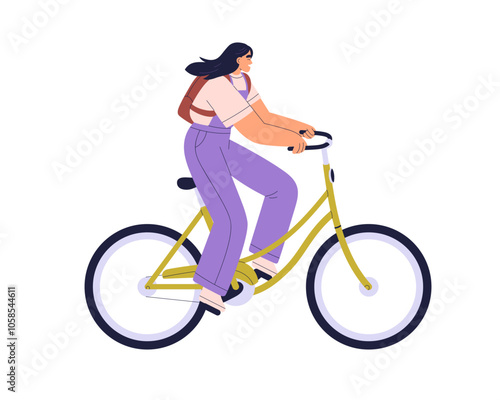Woman cycling on bicycle, smiling and enjoying ride. Happy female cyclist traveling, pedaling on eco transport. Active girl on bike profile. Flat vector illustration isolated on white background