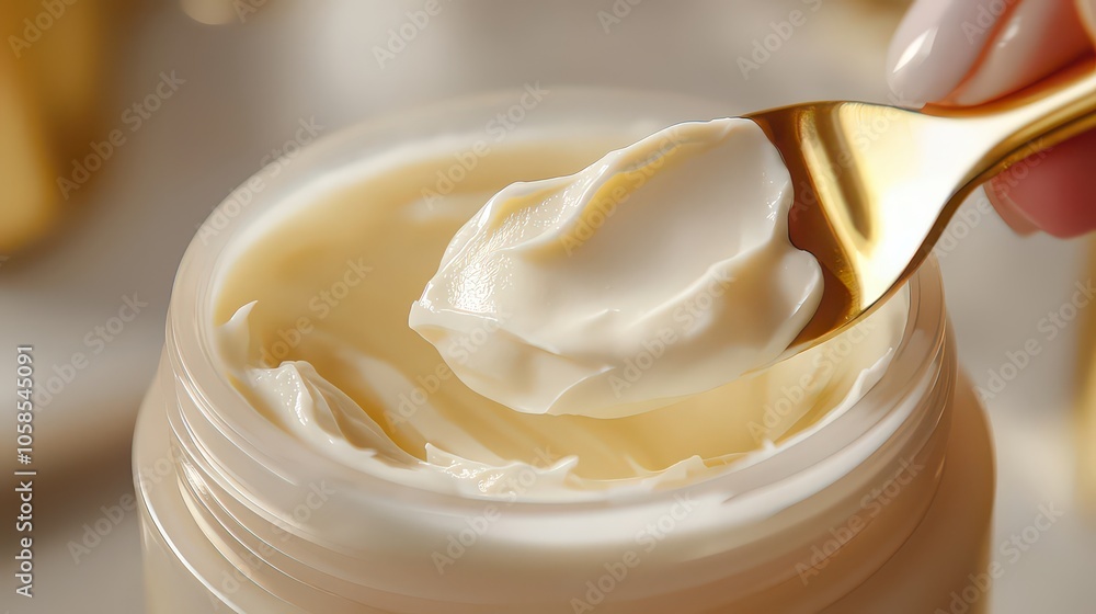 Cream Advertising. Cream being scooped with a gold spatula from an elegant jar. Cream Advertising. Cream being scooped with a gold spatula from an elegant jar.