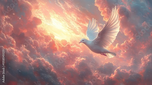 Wallpaper Mural a serene painting depicts a vast sky with fluffy clouds and a white bird soaring through, capturing the essence of freedom against a backdrop of soft pink and blue hues Torontodigital.ca