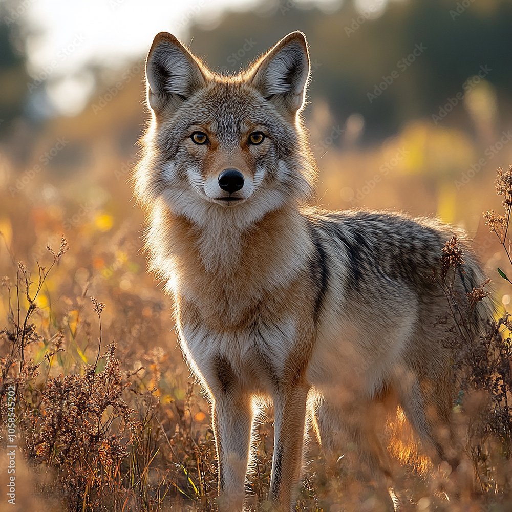 Obraz premium The image is an illustrative painting of a coyote centered in a field. The coyote is tan with dark fur tips, it's facing the viewer with bright orange eyes.