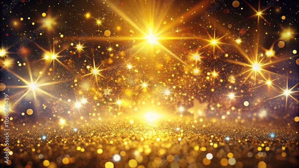 A mesmerizing background of shimmering gold glitter particles, sparkling stars, and radiant light flares, ideal for luxury product presentations and prestigious award template designs. A mesmerizing background of shimmering gold glitter particles, sparkling stars, and radiant light flares, ideal for luxury product presentations and prestigious award template designs.