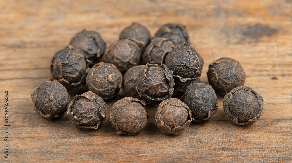 Close up of black peppercorns on wooden surface with extracted oil, black pepper, kali mari, spice, close-up, ingredient Close up of black peppercorns on wooden surface with extracted oil, black pepper, kali mari, spice, close-up, ingredient