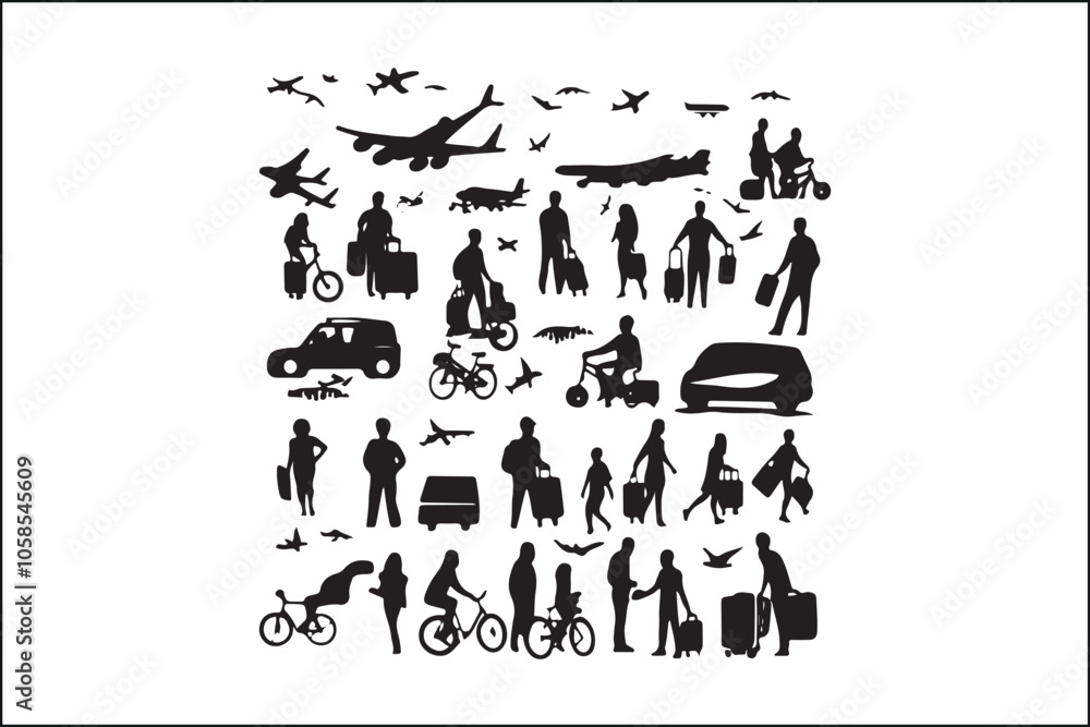 Fototapeta premium Transport Silhouette Vector | Vehicles and Travel IconsTransportation Vector Set | Car, Truck, Train, Plane SilhouettesMinimalist Transport Vector | Vehicle Silhouette CollectionCargo and Transp