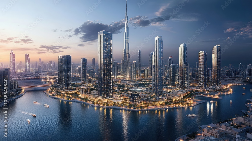 eye view of Business Bay, high-rise architecture with sky space for copy.