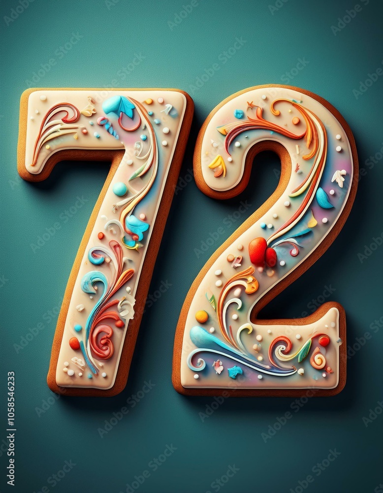 Decorated cookie, number 72, image for birthday or anniversary celebration Decorated cookie, number 72, image for birthday or anniversary celebration