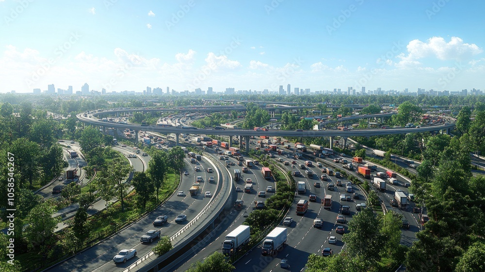 Aerial view of a busy highway with traffic and greenery. Aerial view of a busy highway with traffic and greenery.