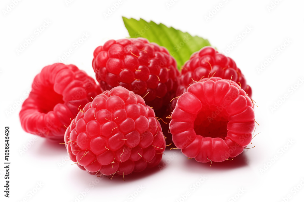 Fresh raspberries with a green leaf on a white background. Fresh raspberries with a green leaf on a white background.