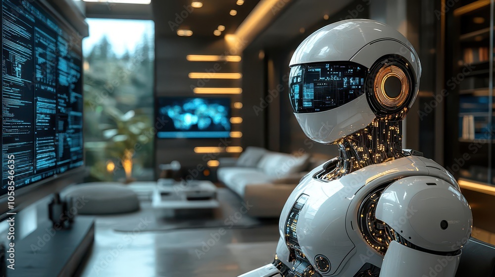 a sleek, modern living room filled with advanced robotics technology, multiple monitors displaying data analytics in real-time, creating a futuristic atmosphere infused with innovation and creativity a sleek, modern living room filled with advanced robotics technology, multiple monitors displaying data analytics in real-time, creating a futuristic atmosphere infused with innovation and creativity