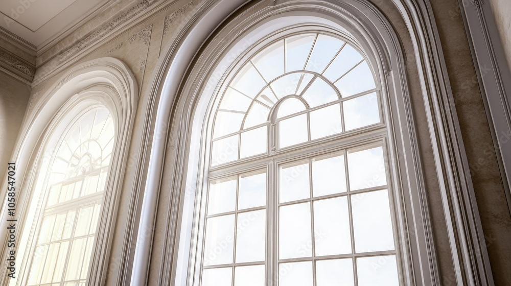 Close-up of classic arch window with intricate frame, spacious background. Close-up of classic arch window with intricate frame, spacious background.