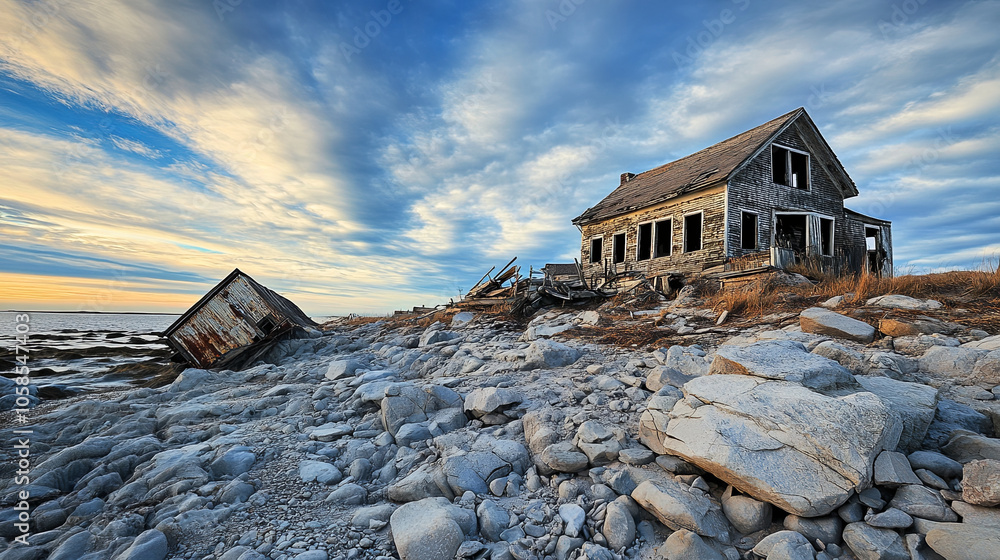 Abandoned building on rocky shore under dramatic sky, evoking survival. structure shows signs of decay, surrounded by stones and water Abandoned building on rocky shore under dramatic sky, evoking survival. structure shows signs of decay, surrounded by stones and water