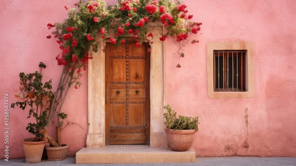 Charming pink house door with lush green plants and colorful flowers in front; vibrant pink door set against matching wall with blooming floral arrangement adding curb appeal
Charming pink house door with lush green plants and colorful flowers in front; vibrant pink door set against matching wall with blooming floral arrangement adding curb appeal