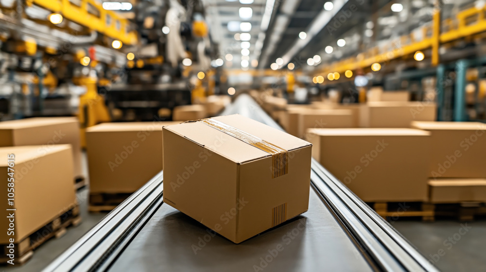 Cardboard box on conveyor belt in busy industrial warehouse with blurred background and yellow lighting, symbolizing logistics and distribution. Cardboard box on conveyor belt in busy industrial warehouse with blurred background and yellow lighting, symbolizing logistics and distribution.