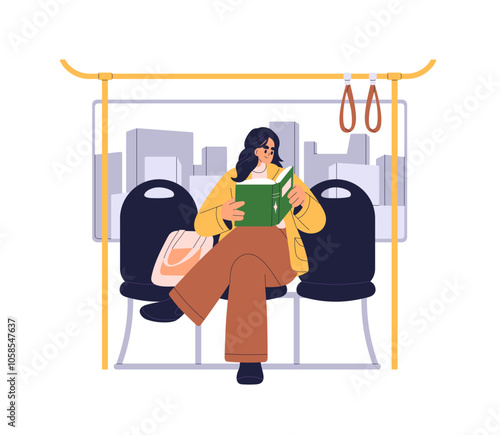 Woman passenger reading book while commuting on public transport. Happy female commuter travels in city bus, subway car, sitting on seat. Flat vector illustration isolated on white background