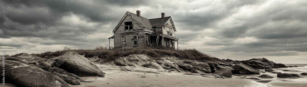broken house stands on rocky beach under cloudy sky, evoking sense of abandonment and mystery. structure is weathered and sunken, surrounded by nature broken house stands on rocky beach under cloudy sky, evoking sense of abandonment and mystery. structure is weathered and sunken, surrounded by nature