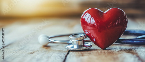 Red Heart and Stethoscope on a Wooden Surface.
