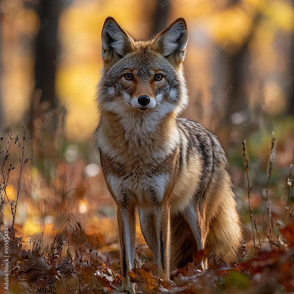 The image is an illustrative painting of a coyote centered in a field. The coyote is tan with dark fur tips, it's facing the viewer with bright orange eyes.
The image is an illustrative painting of a coyote centered in a field. The coyote is tan with dark fur tips, it's facing the viewer with bright orange eyes.