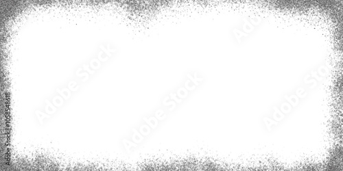 Stipple grunge frame. Edged textured border. Grainy vector background with snow effect. Paper fade noisy gradient template. Dotted sand distress design with points gradation