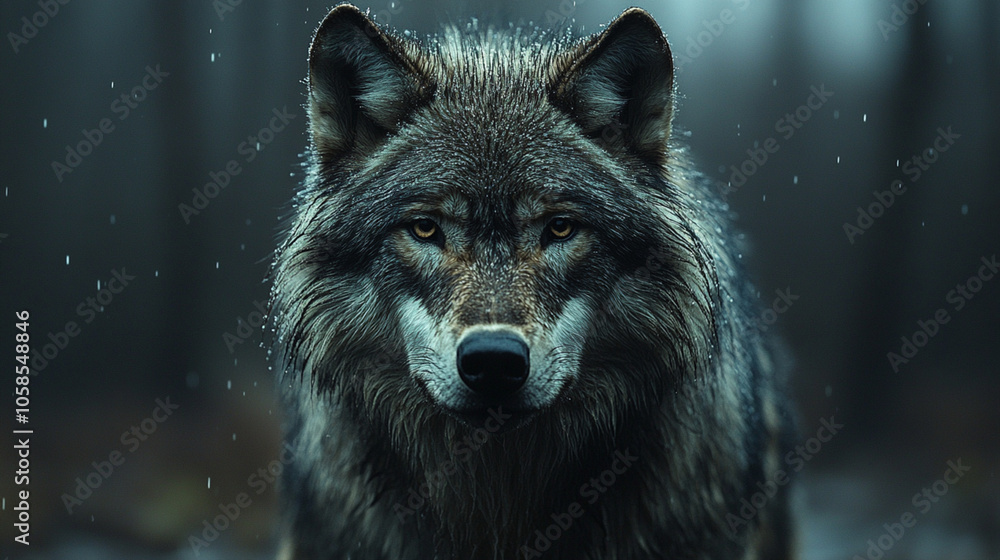 A gray wolf with amber eyes, in a dark forest scene. Rain or mist is falling. A gray wolf with amber eyes, in a dark forest scene. Rain or mist is falling.