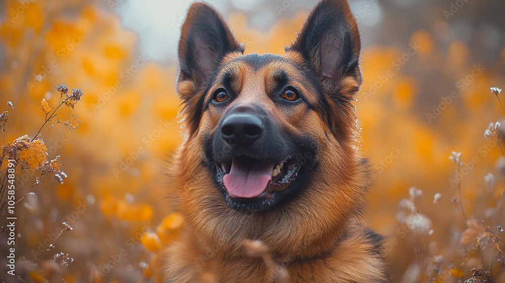 A German Shepherd dog with its mouth open, surrounded by yellow flowers. A German Shepherd dog with its mouth open, surrounded by yellow flowers.
