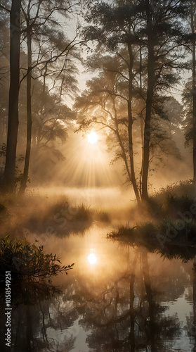 Golden Sunlight Streaming Through Misty Forest Trees Reflecting On Calm Water Creating A Serene And Mystical Atmosphere In Nature