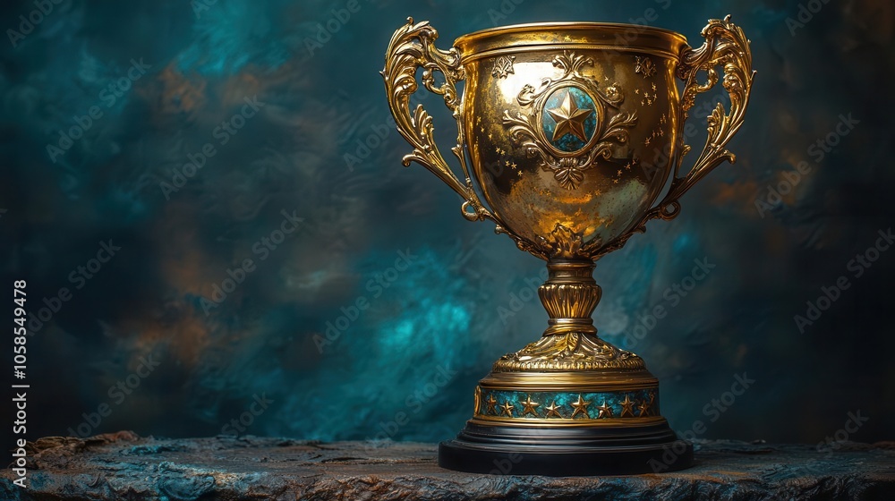 a striking gold trophy with shooting stars, symbolizing first place in competitions, beautifully displayed against a dark blue backdrop, allowing the trophy to shine as the focal point a striking gold trophy with shooting stars, symbolizing first place in competitions, beautifully displayed against a dark blue backdrop, allowing the trophy to shine as the focal point