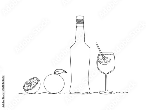 spritz aperol cocktail and orange. Glass bottle with liquor, alcohol. continuous single line art drawing sketch, logo