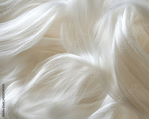 Silky white hair texture flowing gracefully, showcasing smooth strands and soft appearance. light reflects beautifully, enhancing delicate details