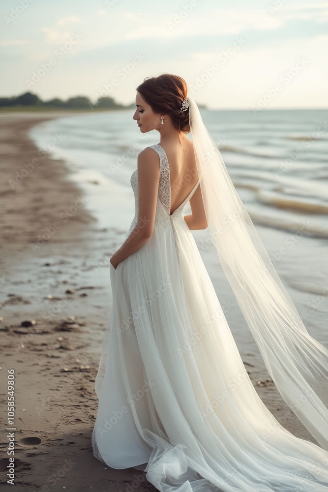 A woman in a wedding dress standing on the beach A woman in a wedding dress standing on the beach