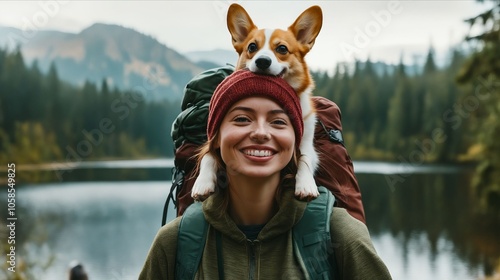 A woman with a dog on her back smiling at the camera photo