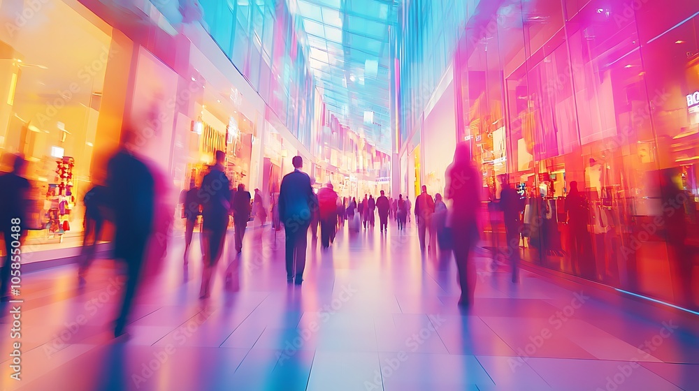 Vibrant urban scene with people in motion at a shopping center Vibrant urban scene with people in motion at a shopping center