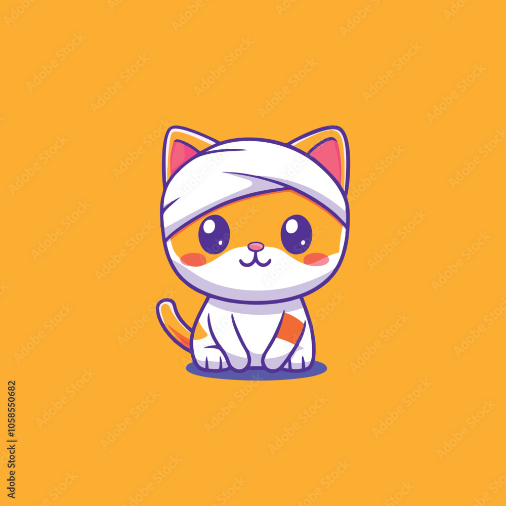 Cute Cartoon Cat in Bandage on Bright Yellow Background, Adorable Feline Illustration Cute Cartoon Cat in Bandage on Bright Yellow Background, Adorable Feline Illustration