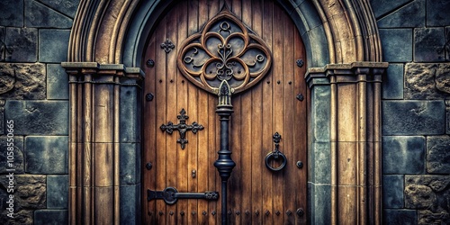 Mysterious gothic door with enigmatic key in asymmetrical design
