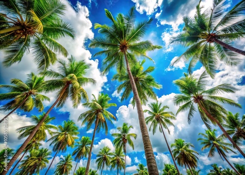 Wallpaper Mural Bokeh sky, fluffy clouds crown tall, graceful coconut palms. Torontodigital.ca