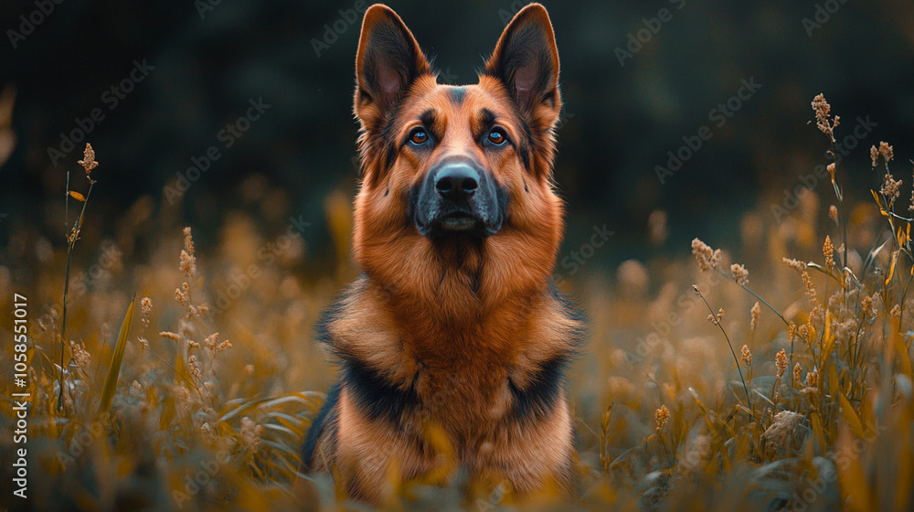 A German Shepherd dog, reddish-brown and black, sits in tall golden grass. A German Shepherd dog, reddish-brown and black, sits in tall golden grass.