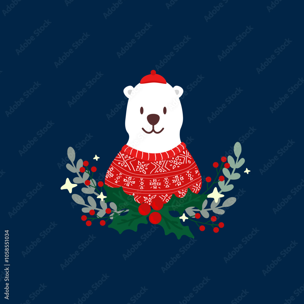 custom made wallpaper toronto digitalPolar bear in sweater on navy background with wreath. Christmas, winter greeting card. Cute.