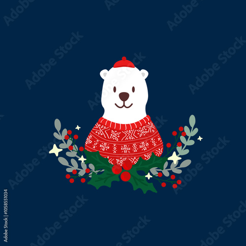 Polar bear in sweater on navy background with wreath. Christmas, winter greeting card. Cute.
 photo