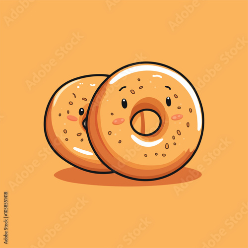 Cute Illustration of Smiling Cartoon Donuts on Orange Background
