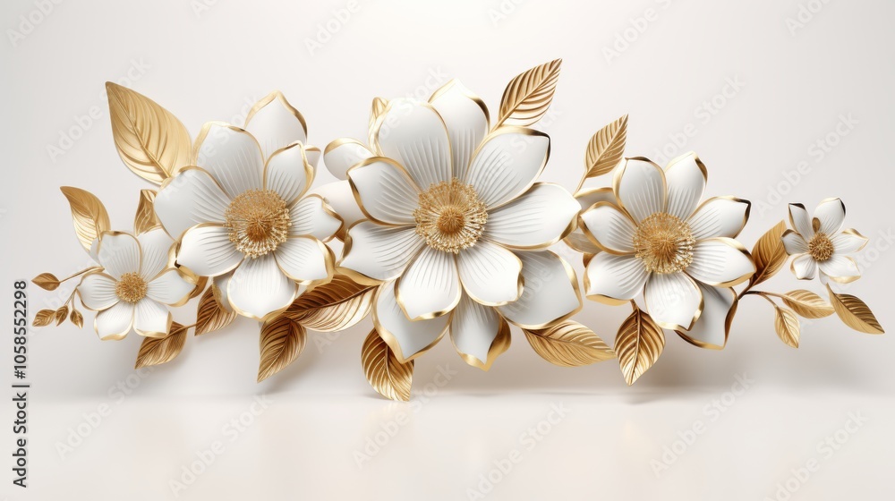 Elegant 3d gold flower arrangement on white background with clean minimalist space
Elegant 3d gold flower arrangement on white background with clean minimalist space