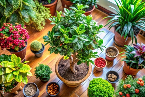 Capture the beauty of a potted plant alongside a tree from above, ideal for home decor, gardening tips, and indoor plant enthusiasts eager for fresh ideas. photo