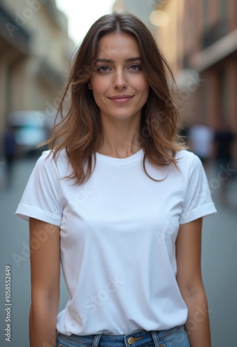 A young woman wearing a blank white t-shirt - Mockup