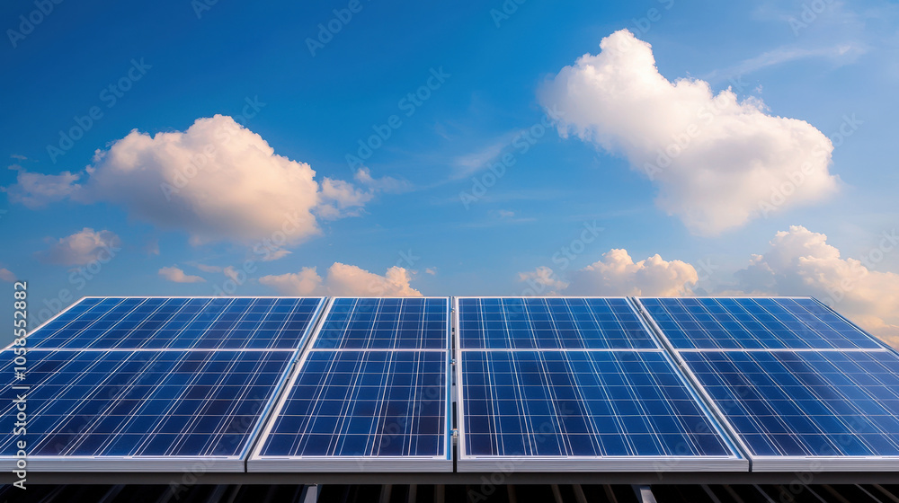 Solar panels against bright blue sky with fluffy clouds, showcasing renewable energy technology and sustainability Solar panels against bright blue sky with fluffy clouds, showcasing renewable energy technology and sustainability