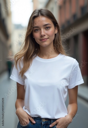 A young woman wearing a blank white t-shirt - Mockup