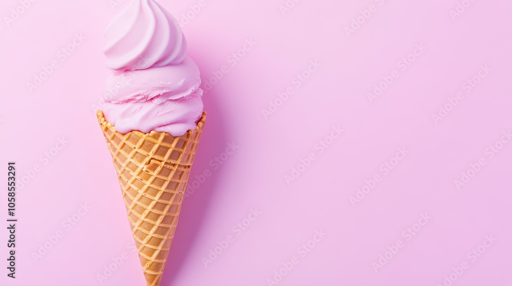 Delicious pink ice cream swirl in a crisp waffle cone against a pastel pink background, perfect for summer treats. Delicious pink ice cream swirl in a crisp waffle cone against a pastel pink background, perfect for summer treats.