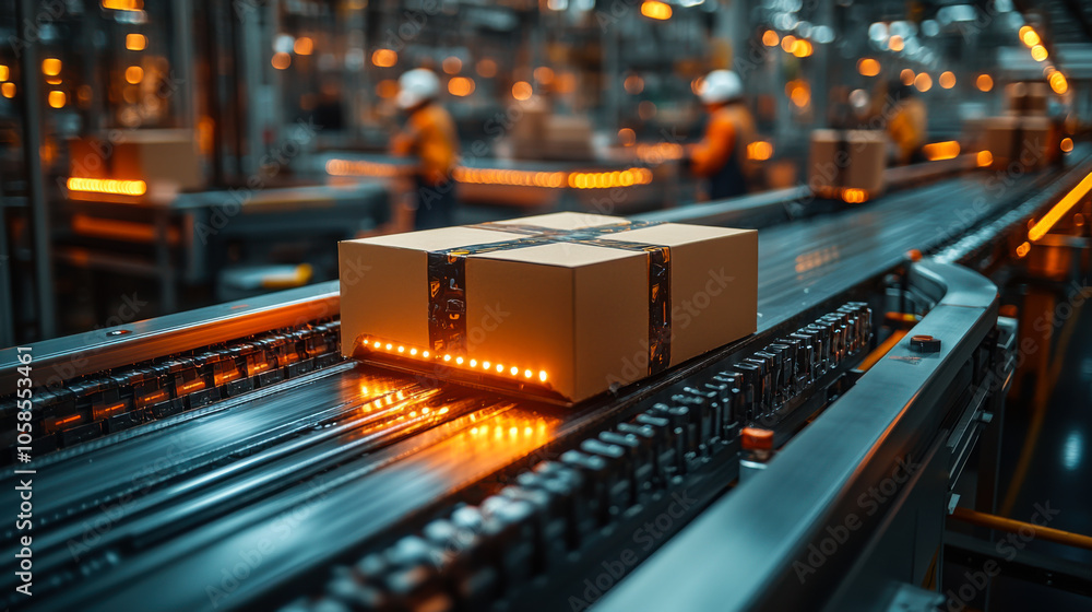 Packages being sorted on a conveyor belt in a busy warehouse during evening hours with warm lighting illuminating the environment Packages being sorted on a conveyor belt in a busy warehouse during evening hours with warm lighting illuminating the environment