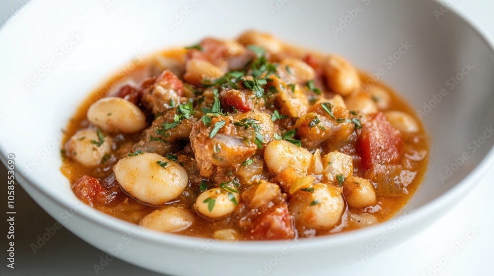 Aerial view of white bean stew served in a white plate on a clean background showcasing its rich texture and vibrant ingredients Aerial view of white bean stew served in a white plate on a clean background showcasing its rich texture and vibrant ingredients