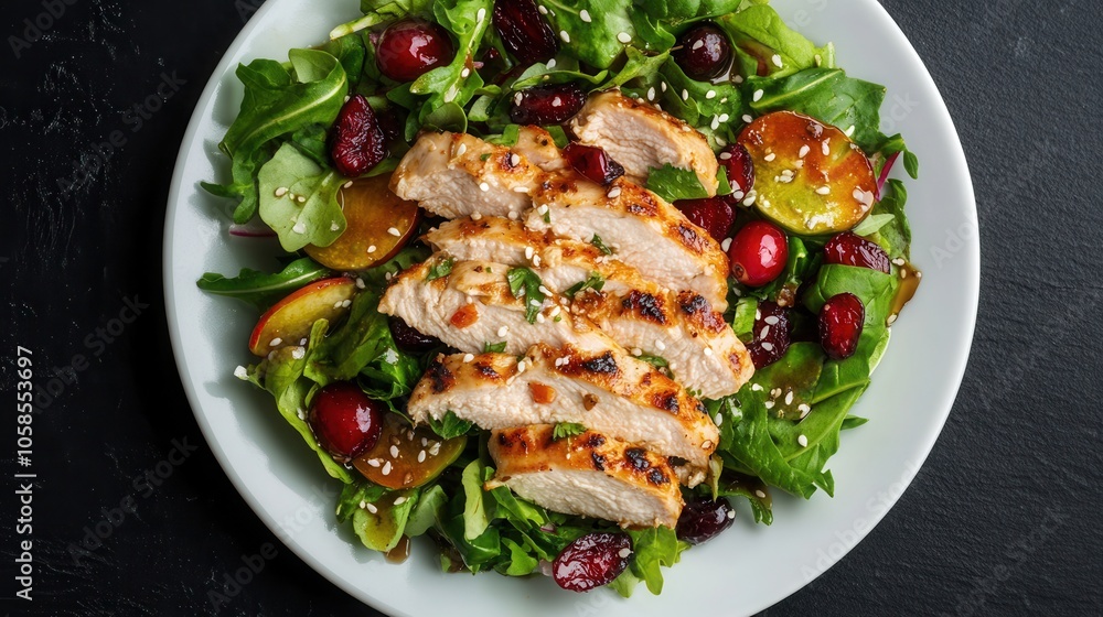 Indulgent homemade Asian chicken cranberry salad captured from a top view showcasing vibrant ingredients and flavors on a luxury serving plate