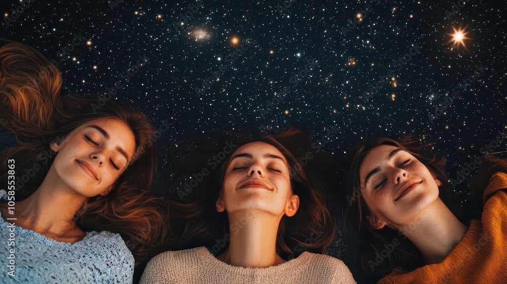 Friends lying on a blanket stargazing, heads together, a peaceful night outdoors Friends lying on a blanket stargazing, heads together, a peaceful night outdoors